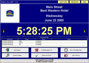 Click to see bigger screen shot of Wake Up Call Main Screen with Custom Logo and Personalized Hotel Name