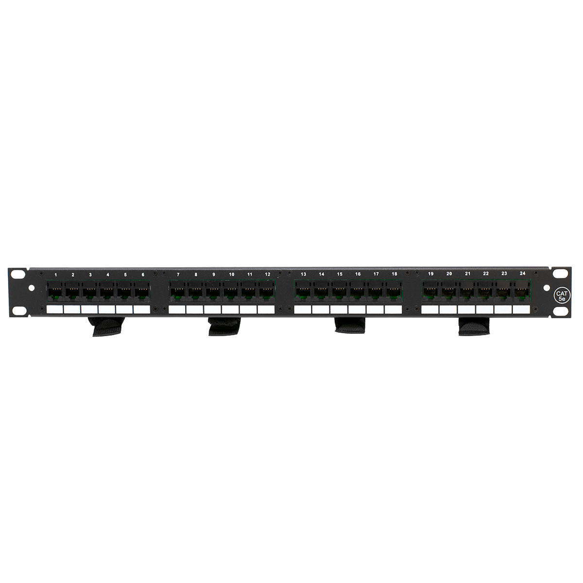 24 Port CAT5E Patch Panel with 4 Female Amp Connectors (Front View)