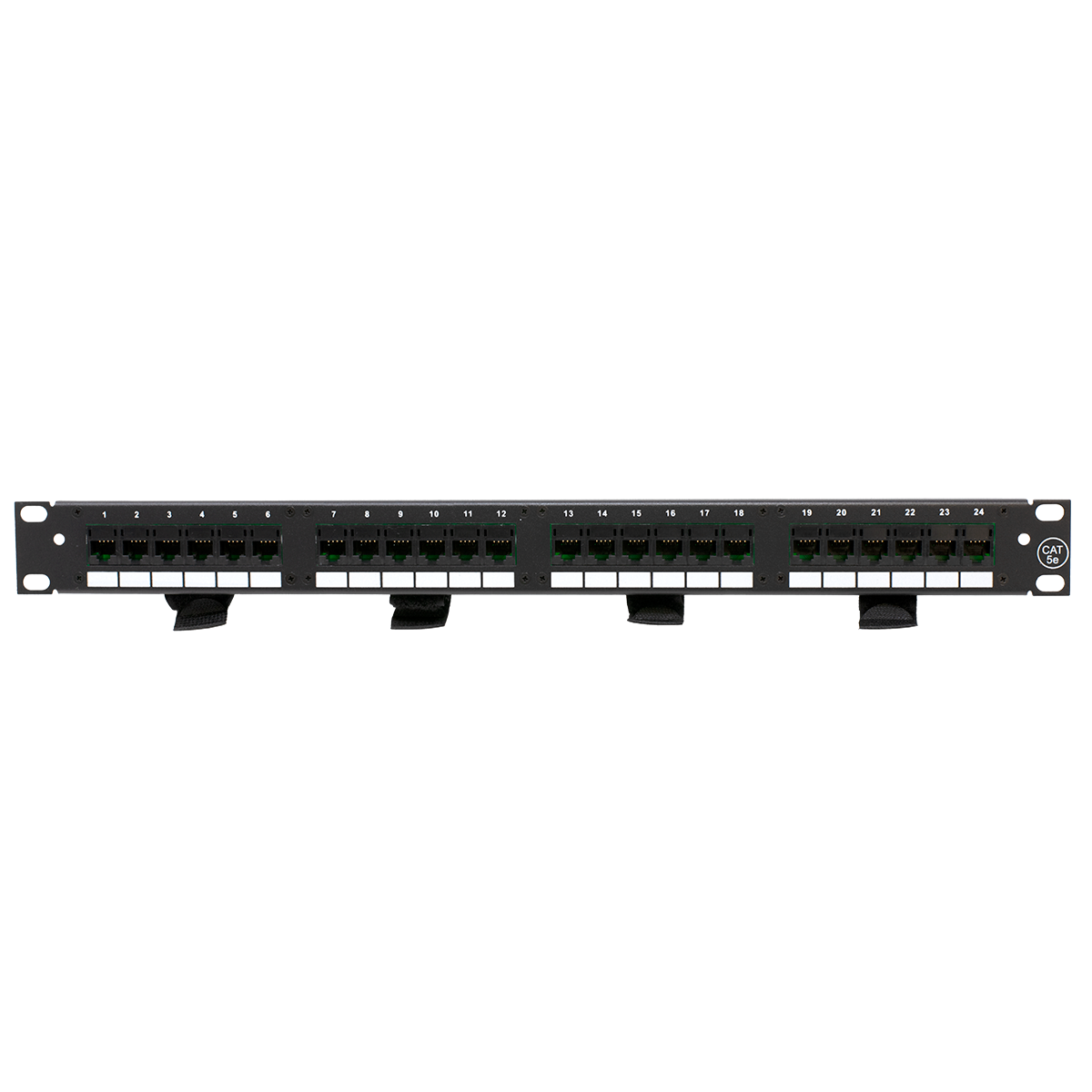 24 Port CAT5E Patch Panel with 4 Female Amp Connectors (Front View) 24 Port CAT5E Patch Panel with 4 Female Amp Connectors (Front View)